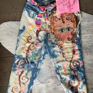 Selective Art Faces vintage hand painted, jeweled jeans. Size 32waist 25”inseam